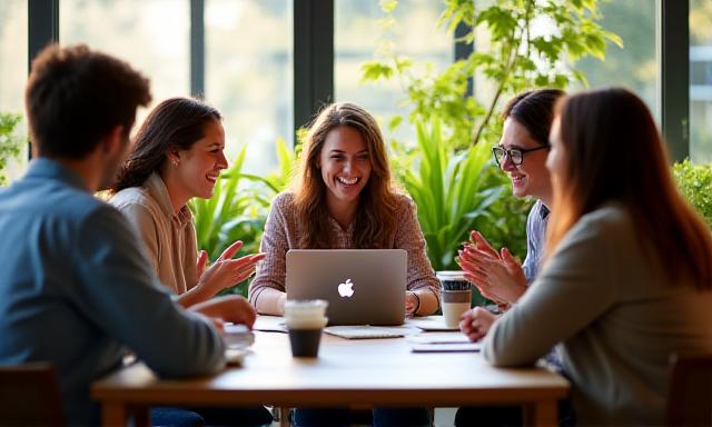 Team collaborating in a bright office environment