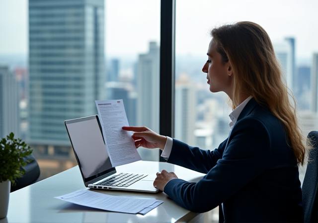 Professional HR Consultant reviewing legal compliance documents in a Melbourne office